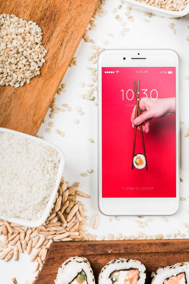 Free Smartphone Mockup With Japanese Food Mockup Psd