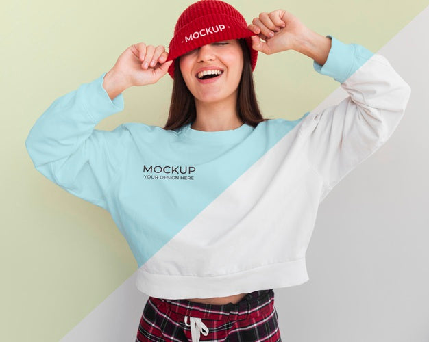 Free Smiley Woman Wearing A Hoodie And A Blouse Mock-Up Psd