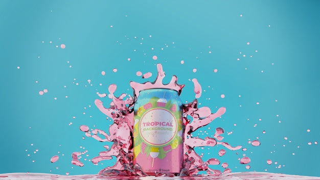 Free Soda Can With Splashing Juice Psd