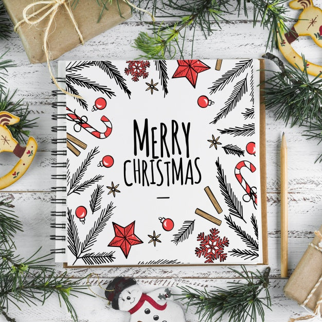 Free Spiral Notebook Mockup With Christmas Concept Psd