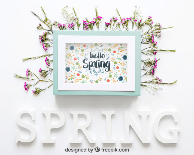 Free Spring Mockup With Blue Frame Psd