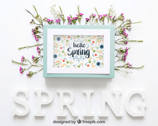 Free Spring Mockup With Blue Frame Psd