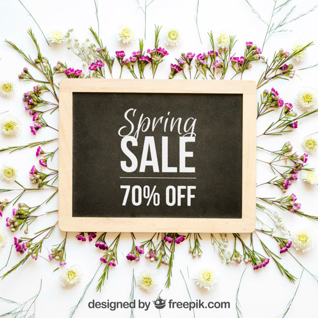 Free Spring Mockup With Slate And Flowers Psd