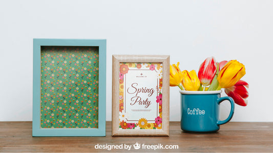 Free Spring Mockup With Two Frames And Cup Psd