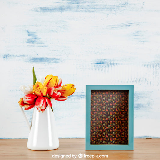 Free Spring Mockup With Vertical Frame And Vase Of Flowers Psd