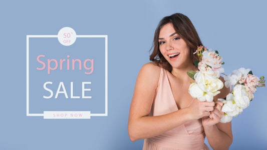 Free Spring Sale Mockup With Stylish Woman Psd