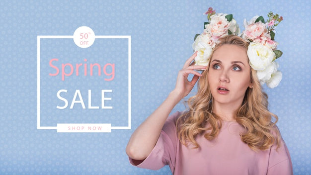 Free Spring Sale Mockup With Stylish Woman Psd