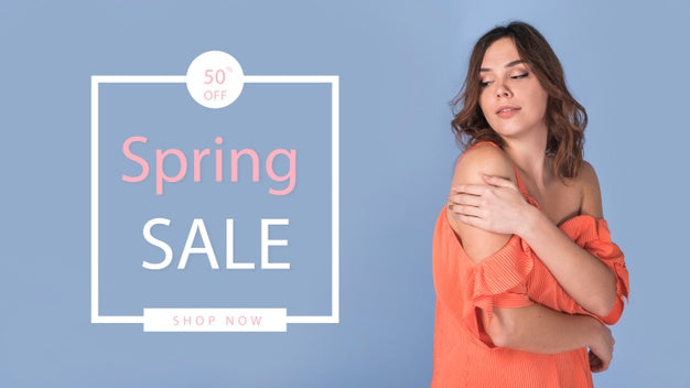 Free Spring Sale Mockup With Stylish Woman Psd