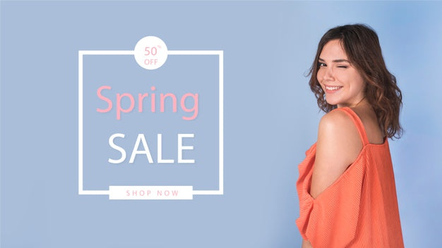 Free Spring Sale Mockup With Stylish Woman Psd