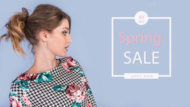 Free Spring Sale Mockup With Stylish Woman Psd