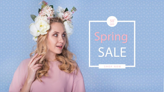 Free Spring Sale Mockup With Stylish Woman Psd