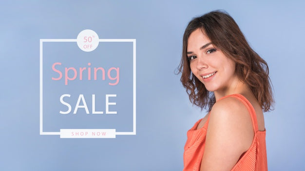 Free Spring Sale Mockup With Stylish Woman Psd