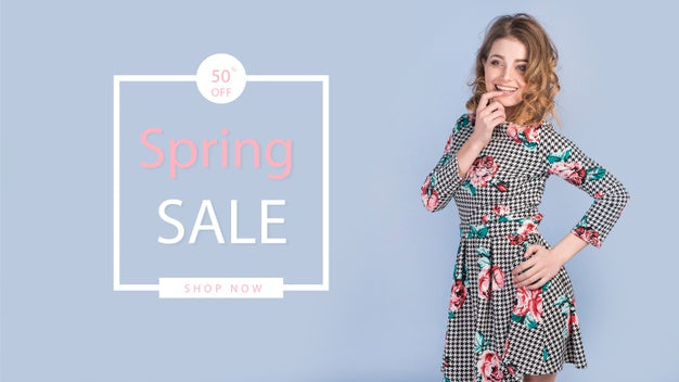 Free Spring Sale Mockup With Stylish Woman Psd