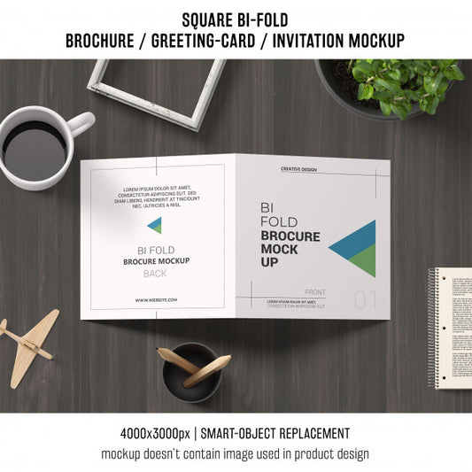 Free Square Bi-Fold Brochure Or Greeting Card Mockup With Coffee Psd