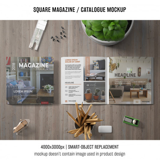 Free Square Magazine Or Catalogue Mockup On Tabletop Psd