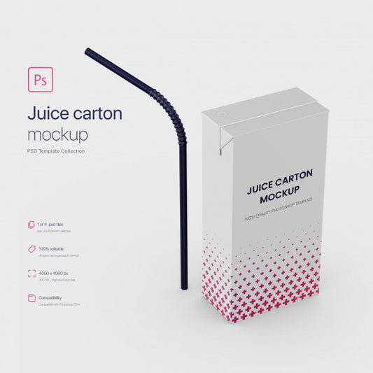 Free Standing Juice Paper Carton Packaging With Straw Mockup Psd