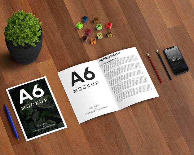 Free Stationery Concept With A6 Brochure Mockup Psd