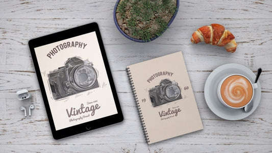 Free Stationery Mockup With Photography Concept And Coffee Psd