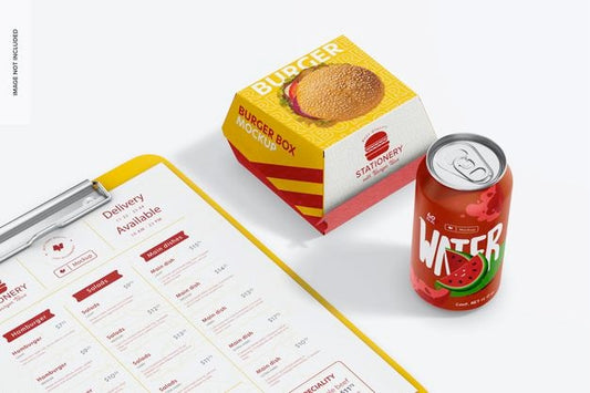 Free Stationery With Burger Box Mockup, Perspective Psd