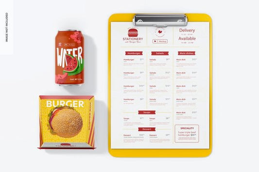 Free Stationery With Burger Box Mockup, Top View Psd