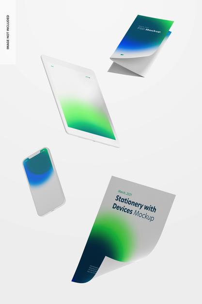 Free Stationery With Devices Mockup, Floating Psd