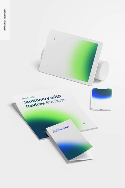 Free Stationery With Devices Mockup Psd