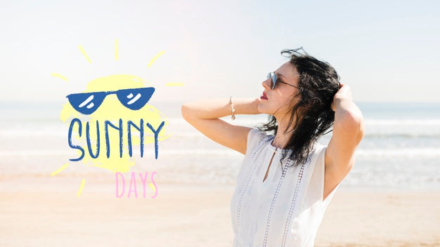 Free Sunny Days Girl On The Beach Mockup Psd