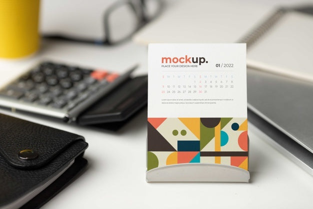 Free Table Display With Calendar Mockup In Real Life Psd