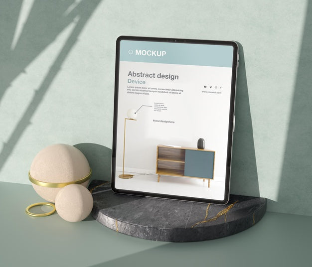 Free Tablet Mock-Up Composition With Stone And Metallic Elements Psd