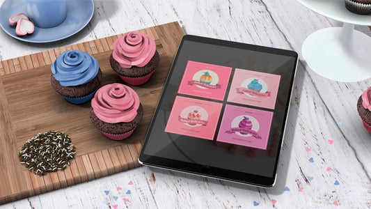 Free Tablet Mockup With Cupcakes Psd