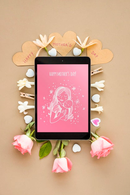 Free Tablet Mockup With Flat Lay Mothers Day Composition Psd