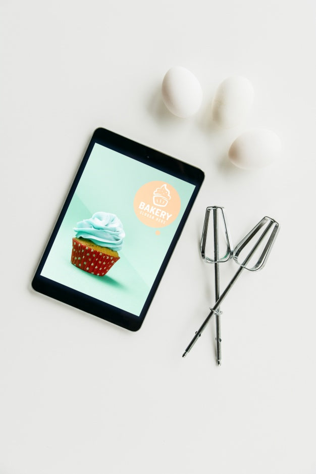 Free Tablet Mockup With Kitchen Concept Psd