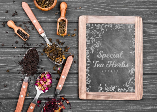 Free Tea Concept On Wooden Table Mock-Up Psd