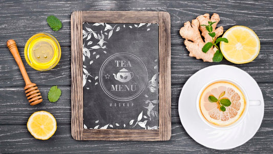 Free Tea Concept On Wooden Table Mock-Up Psd