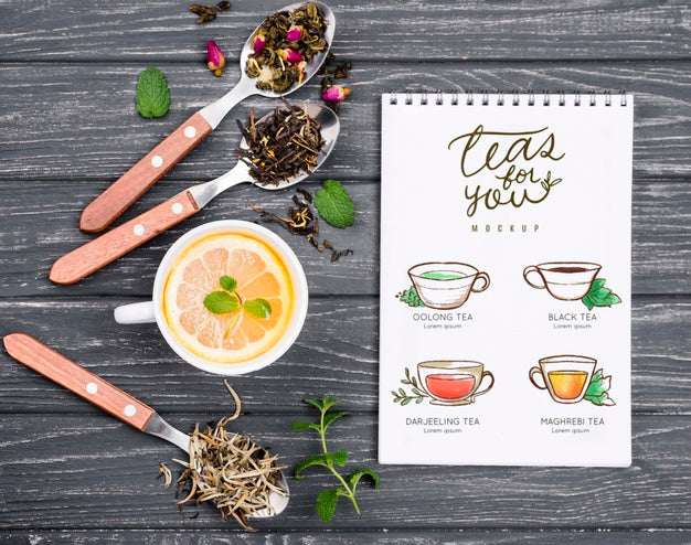 Free Tea Concept On Wooden Table Mock-Up Psd