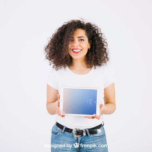 Free Technology Mockup With Woman Presenting Tablet Psd