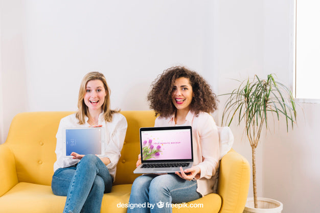 Free Technology Mockup With Women On Couch With Laptop And Tablet Psd