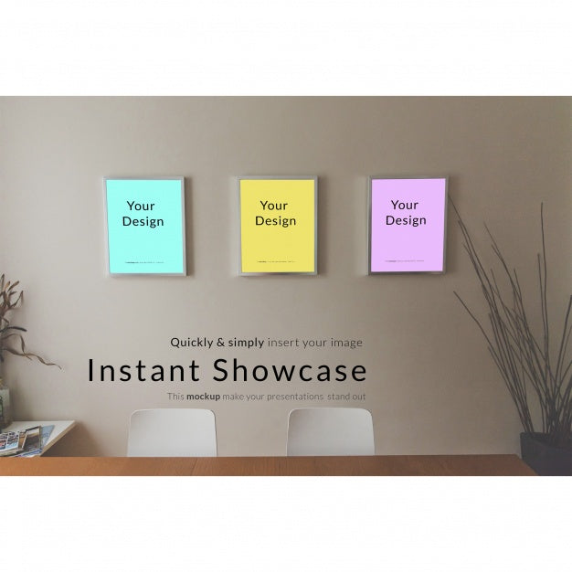 Free Three Frames On Brown Wall Mock Up Psd