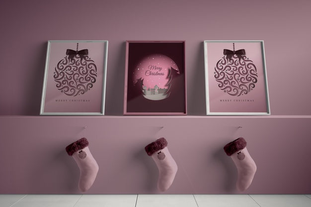 Free Three Frames With Socks Hooked Under Shelf Psd