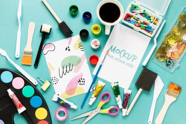 Free Top View Artistic Paint Accessories With Mock-Up Psd