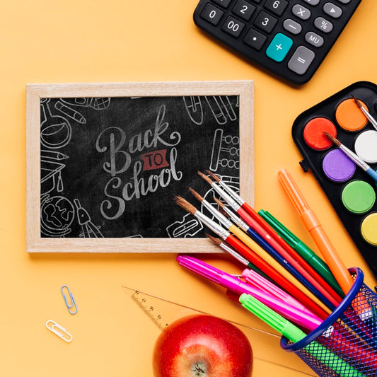 Free Top View Back To School With Chalkboard Psd