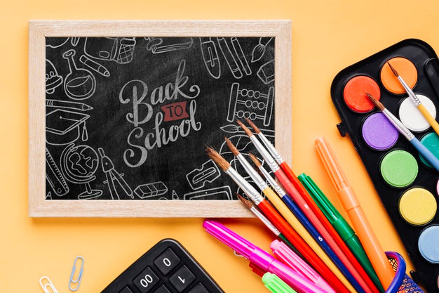 Free Top View Back To School With Mock-Up Chalkboard Psd