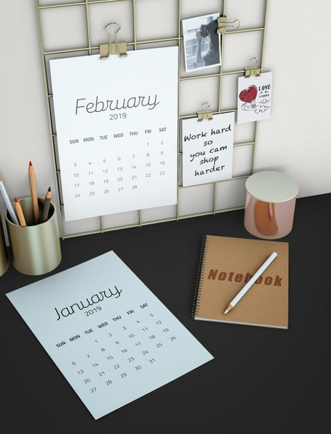 Free Top View Calendar Workspace Mockup Psd