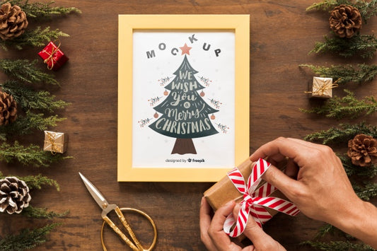 Free Top View Christmas Composition With Frame Mockup Psd