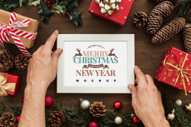 Free Top View Christmas Composition With Frame Mockup Psd