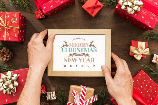 Free Top View Christmas Composition With Frame Mockup Psd