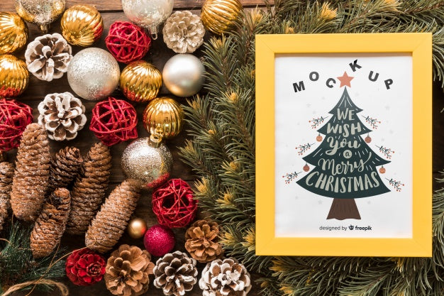 Free Top View Christmas Composition With Frame Mockup Psd