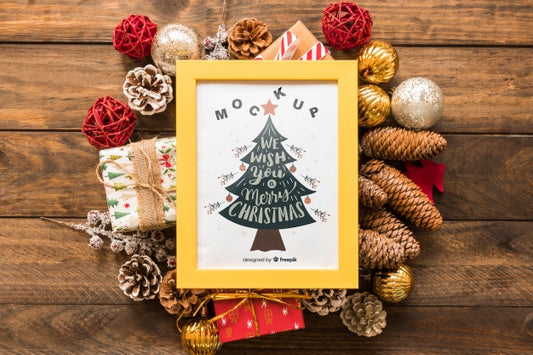 Free Top View Christmas Composition With Frame Mockup Psd