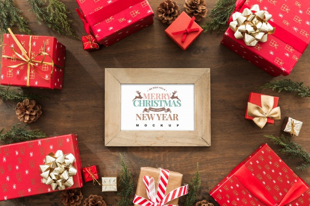 Free Top View Christmas Composition With Frame Mockup Psd