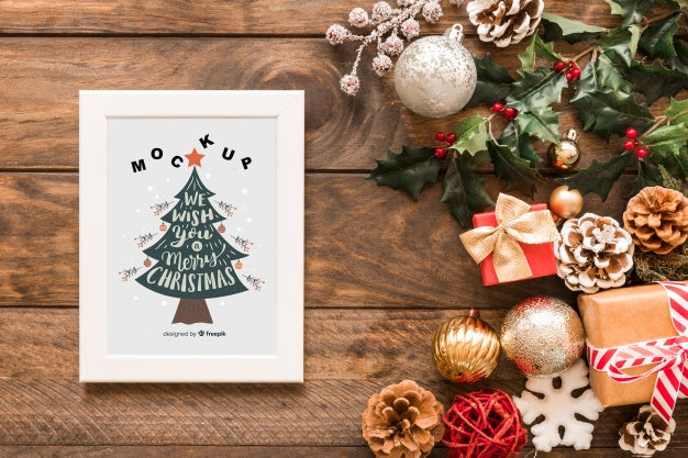 Free Top View Christmas Composition With Frame Mockup Psd